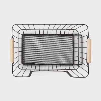 Metal Stackable Wire Pantry Basket With Rubber Wood Handle Black - Brightroom™: Kitchen Storage Organizer, 9"x13.5" 4 Metal Stackable Wire Pantry Basket With Rubber Wood Handle Black - Brightroom™: Kitchen Storage Organizer, 9"x13.5" - Image 2