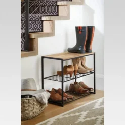 3 Tier Shoe Rack Black Metal With Natural Wood - Brightroom™