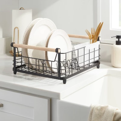 Metal Dish Rack With Powder Coated Finish And Rubber Wood Handles Black - Brightroom™: Freestanding Dish Drying Rack 3 Metal Dish Rack With Powder Coated Finish And Rubber Wood Handles Black - Brightroom™: Freestanding Dish Drying Rack