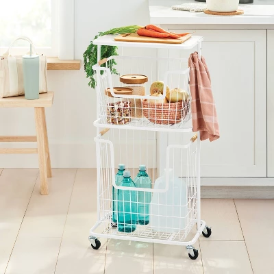 Wire Wood Basket Cart - White - Brightroom™ 3 Wire Wood Basket Cart - White - Brightroom™