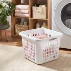 Brightroom 39 1.5bu Plastic Square Laundry Basket - Brightroom™: Medium White Clothes Hamper With Built-In Handles, Portable Storage