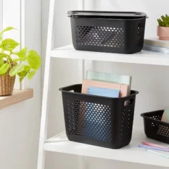 Narrow Large Decorative Plastic Bin Black - Brightroom™: Modern Storage With Cut-Out Handles, 13" Cube Compatible