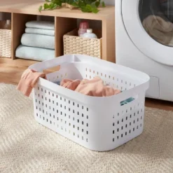 Brightroom 41 1.5bu Rectangle Modern Laundry Basket - Brightroom™: White Plastic Clothes Basket With Built-In Handles, Medium Size