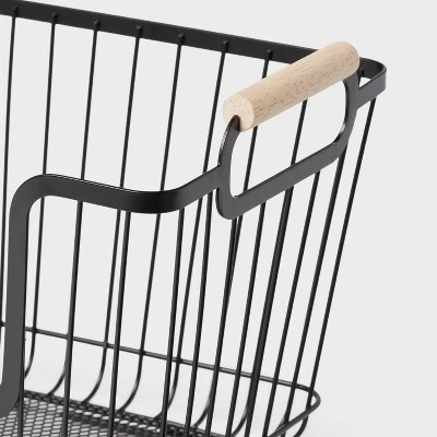 Metal Stackable Wire Pantry Basket With Rubber Wood Handle Black - Brightroom™: Kitchen Storage Organizer, 9"x13.5" 5 Metal Stackable Wire Pantry Basket With Rubber Wood Handle Black - Brightroom™: Kitchen Storage Organizer, 9"x13.5" - Image 3