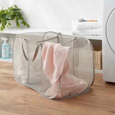 Pop-up Mesh Triple Sorter - Brightroom™: Collapsible Gray Laundry Hamper, Multipurpose Clothes Organizer 3 Pop-up Mesh Triple Sorter - Brightroom™: Collapsible Gray Laundry Hamper, Multipurpose Clothes Organizer