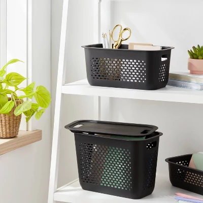 Narrow Medium Decorative Plastic Bin Black - Brightroom™: Modern Storage With Cut-Out Handles, 13" Cube Compatible 3 Narrow Medium Decorative Plastic Bin Black - Brightroom™: Modern Storage With Cut-Out Handles, 13" Cube Compatible
